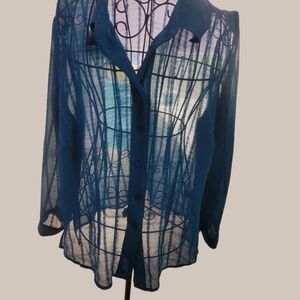 Avenue Teal Sheer Button-Down Shirt